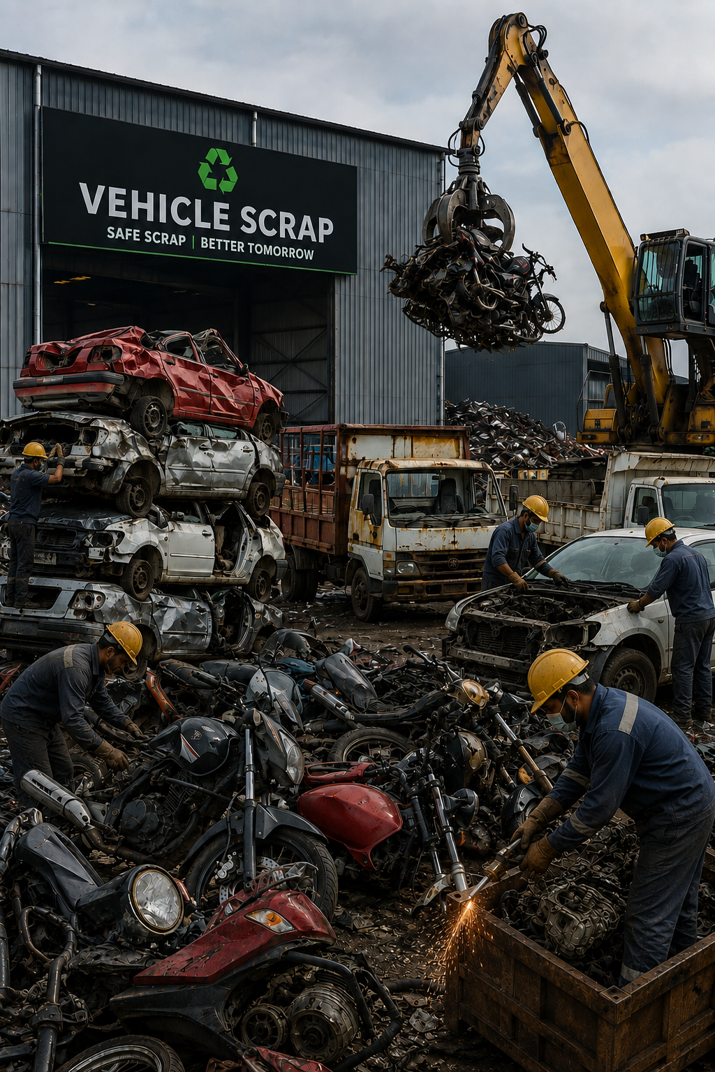 Vehicle scrapping yard with machinery sorting old cars